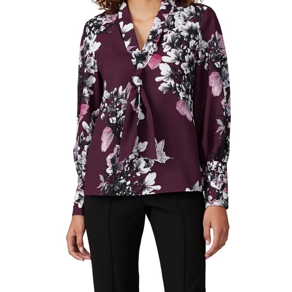 Natori Purple Floral Neck Tie Button Down Blouse
